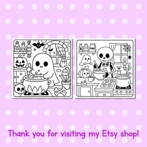 May include: Two black and white Halloween-themed illustrations. One shows a ghost stirring a cauldron, the other a skeleton baking. The background is a light pink with white polka dots. Text at the bottom reads, "Thank you for visiting my Etsy shop!"