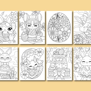 May include: A set of eight black and white coloring pages featuring cute bunnies and Easter eggs. The pages are perfect for kids to color and celebrate the holiday.