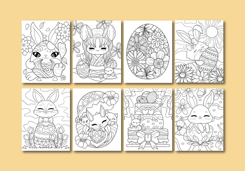 May include: A set of eight black and white coloring pages featuring cute bunnies and Easter eggs. The pages are perfect for kids to color and celebrate the holiday.