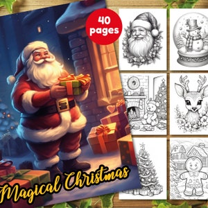 Magical Christmas Coloring Pages | Grayscale Christmas Coloring Pages | Santa Coloring Pages (Printable, PDF Download)