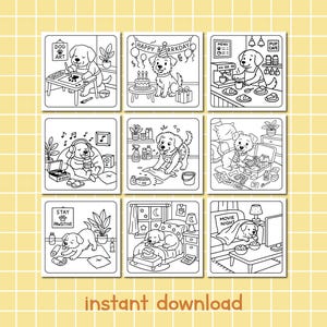 May include: A collection of nine black and white dog-themed illustrations. Each square depicts a different scene, including a dog at a desk, a birthday party, and a dog watching TV. The words "DOG ART", "HAPPY BARRKDAY", "MENU", "STAY PAWSITIVE", "MOVIE NIGHT", and "PUP CAFE" are visible. The phrase "instant download" is at the bottom.