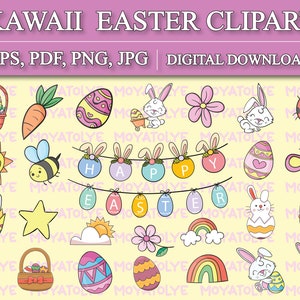 May include: A set of 25 Kawaii Easter clipart images in a variety of colors, including a bunny, a butterfly, a ladybug, a bee, a carrot, a rainbow, a sun, a cloud, a flower, a basket, and eggs. The images are perfect for use in digital scrapbooking, card making, and other craft projects.