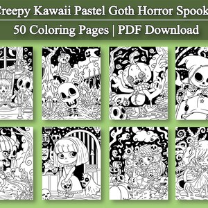 May include: A set of 50 black and white coloring pages featuring spooky, cute, and pastel goth characters and scenes. The pages are perfect for adults and children who enjoy coloring and Halloween themes.