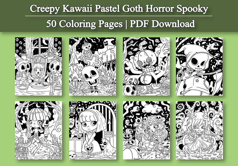 May include: A set of 50 black and white coloring pages featuring spooky, cute, and pastel goth characters and scenes. The pages are perfect for adults and children who enjoy coloring and Halloween themes.