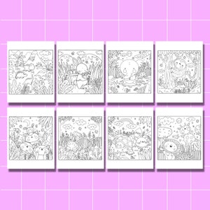 May include: A set of eight black and white coloring pages featuring cute animals in a jungle setting. Each page features a different animal, including a rabbit, elephant, sloth, cat, zebra, turtle, lion, and giraffe.