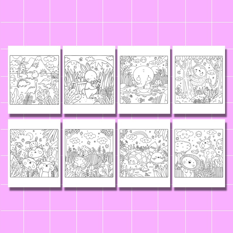 May include: A set of eight black and white coloring pages featuring cute animals in a jungle setting. Each page features a different animal, including a rabbit, elephant, sloth, cat, zebra, turtle, lion, and giraffe.