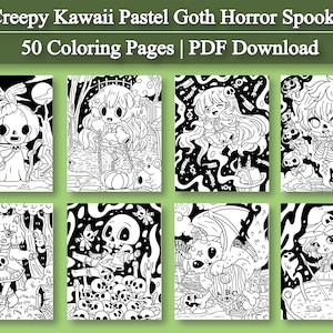 May include: A set of 50 black and white coloring pages featuring cute, spooky characters in a pastel goth style. The characters include a pumpkin, a skeleton, a witch, a ghost, and a dragon. The pages are perfect for kids and adults who love to color.