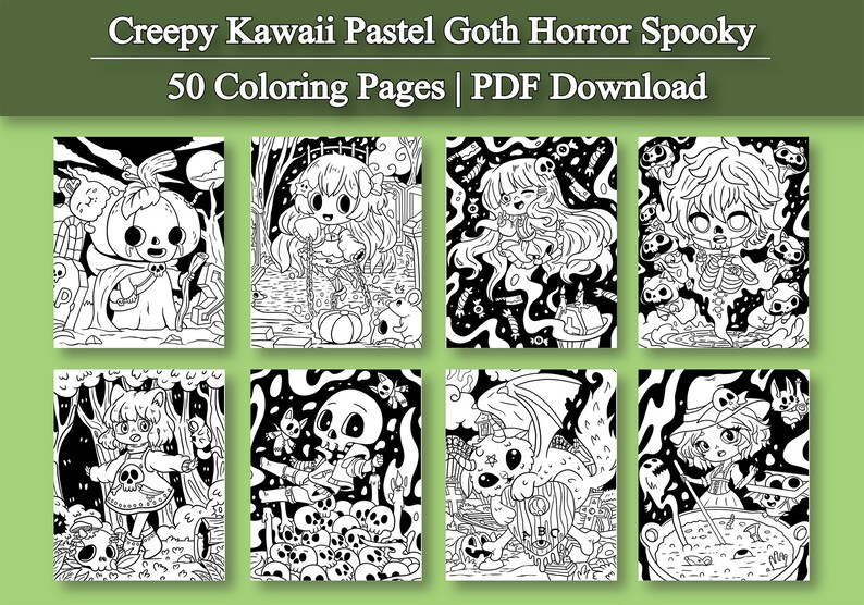 May include: A set of 50 black and white coloring pages featuring cute, spooky characters in a pastel goth style. The characters include a pumpkin, a skeleton, a witch, a ghost, and a dragon. The pages are perfect for kids and adults who love to color.