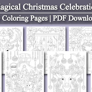 Puede incluir: Un conjunto de 50 páginas para colorear en blanco y negro con temas navideños. Las páginas incluyen imágenes de renos, adornos, bastones de caramelo y otros elementos festivos. El texto "Magical Christmas Celebration" y "50 Coloring Pages | PDF Download" está en la parte superior de la imagen.