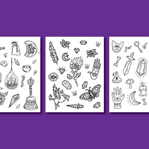 May include: Three black and white illustrations of various mystical and occult symbols. The first illustration features a pentagram, a key, a crystal, a bell, a pouch, a crescent moon, and other symbols. The second illustration features a feather, a crescent moon, a rose, a diamond, a unicorn, a butterfly, and other symbols. The third illustration features a skull, a bone, a crystal, a dagger, a mushroom, a candle, and other symbols.
