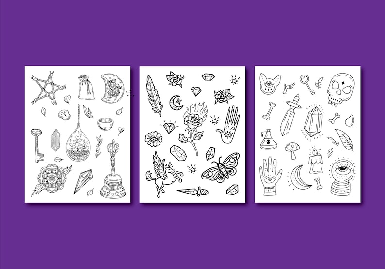 May include: Three black and white illustrations of various mystical and occult symbols. The first illustration features a pentagram, a key, a crystal, a bell, a pouch, a crescent moon, and other symbols. The second illustration features a feather, a crescent moon, a rose, a diamond, a unicorn, a butterfly, and other symbols. The third illustration features a skull, a bone, a crystal, a dagger, a mushroom, a candle, and other symbols.