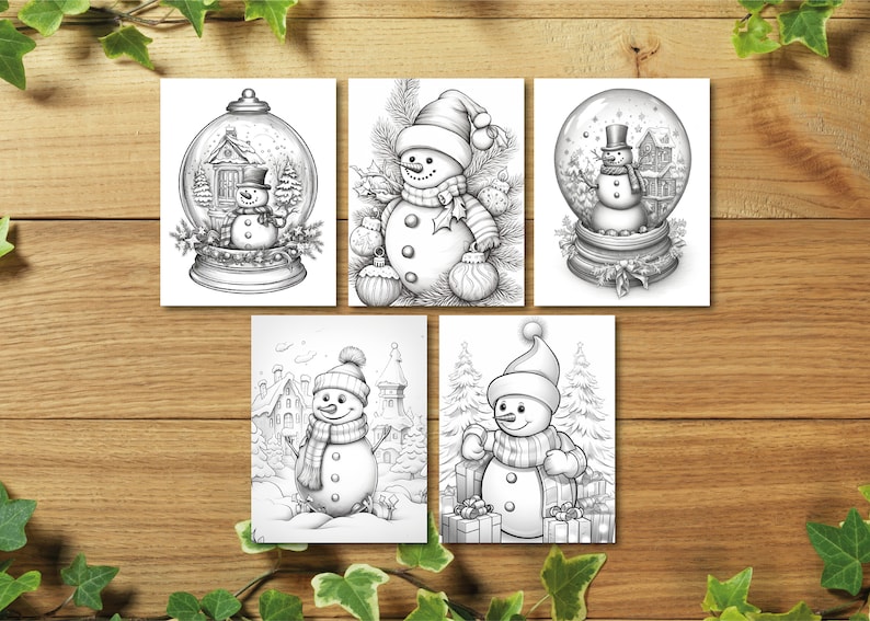 K&ouml;nnte beinhalten: F&uuml;nf Schwarzwei&szlig;illustrationen von Schneem&auml;nnern. Die Schneem&auml;nner befinden sich in verschiedenen Posen und Umgebungen, darunter eine Schneekugel, eine Winterszene und eine Weihnachtsszene. Die Illustrationen eignen sich perfekt zum Ausmalen oder als Inspiration f&uuml;r eigene Kunstwerke.
