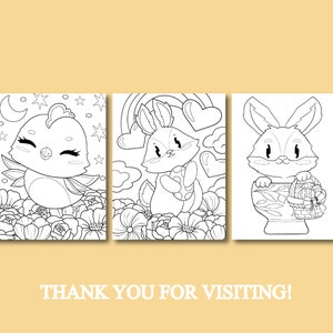 May include: Three black and white coloring pages featuring a chick, a bunny holding an egg, and a bunny in a basket. The images are surrounded by flowers and other Easter-themed designs.