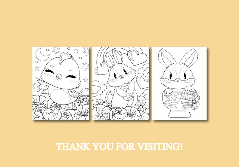 May include: Three black and white coloring pages featuring a chick, a bunny holding an egg, and a bunny in a basket. The images are surrounded by flowers and other Easter-themed designs.