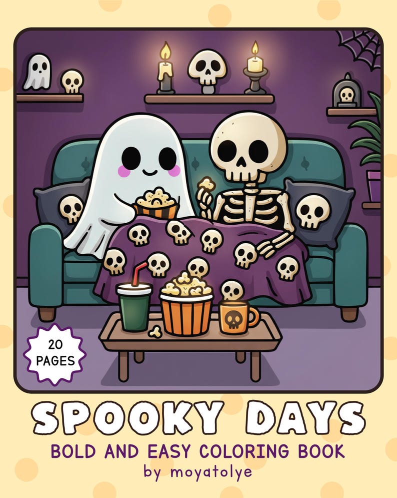 May include: A Halloween-themed coloring book cover with a ghost and skeleton on a couch, eating popcorn. The cover features the text "Spooky Days" and "Bold and Easy Coloring Book". The background includes candles and skull decorations.