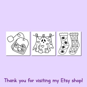 May include: Three square illustrations with a Halloween theme. The first shows a tea bag with eyeballs, the second a ghost with hearts hanging on a clothesline, and the third a pair of socks with spiders and ghosts.