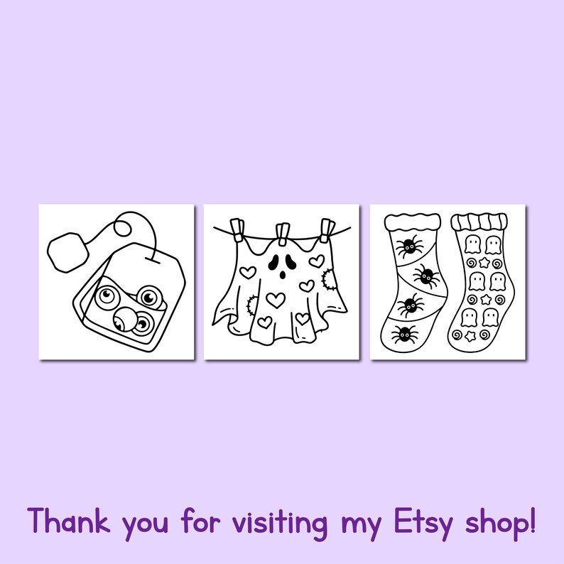 May include: Three square illustrations with a Halloween theme. The first shows a tea bag with eyeballs, the second a ghost with hearts hanging on a clothesline, and the third a pair of socks with spiders and ghosts.