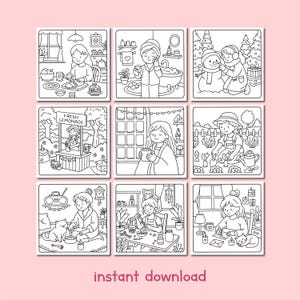 May include: Nine monochrome illustrations showing everyday activities such as cooking, bathing, and gardening. The words "instant download" are printed at the bottom of the image.