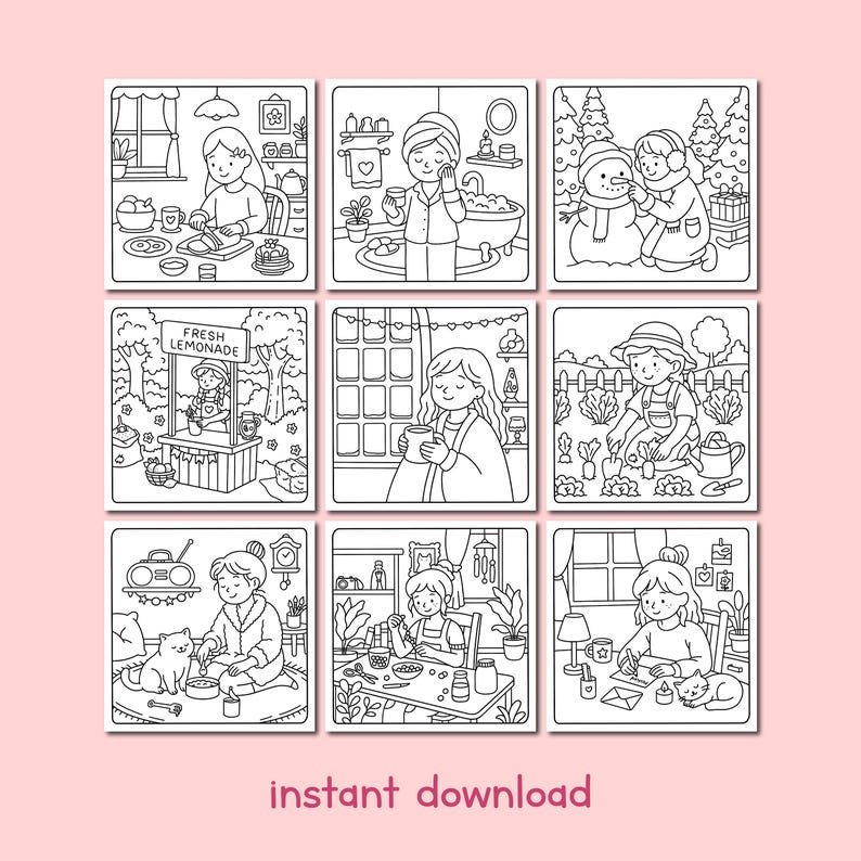 May include: Nine monochrome illustrations showing everyday activities such as cooking, bathing, and gardening. The words "instant download" are printed at the bottom of the image.
