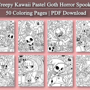 May include: A set of 50 coloring pages featuring creepy kawaii pastel goth horror spooky designs. The pages are perfect for adults and children who enjoy coloring and Halloween themes.