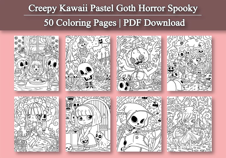 May include: A set of 50 coloring pages featuring creepy kawaii pastel goth horror spooky designs. The pages are perfect for adults and children who enjoy coloring and Halloween themes.