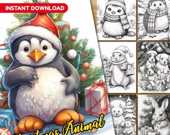 Christmas Animals Grayscale Coloring Book: 40 Page Printable PDF