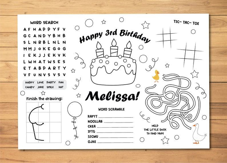 Printable Birthday Placemat, Kids Activity Table Mat, Birthday Coloring