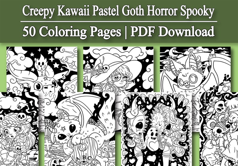 May include: A set of 50 coloring pages featuring creepy, kawaii, pastel goth, and horror-themed illustrations. The images include a dragon, a bat, a witch, and other spooky characters.  The text "Creepy Kawaii Pastel Goth Horror Spooky 50 Coloring Pages | PDF Download" is at the top of the image.
