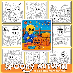 May include: A collection of Halloween-themed coloring pages. The images feature skeletons, pumpkins, and autumn scenes. The text "Spooky Autumn" and "20 Coloring Pages PDF File" are displayed on an orange banner.