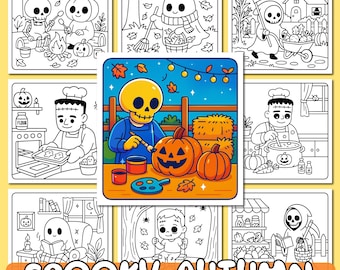 May include: A collection of Halloween-themed coloring pages. The images feature skeletons, pumpkins, and autumn scenes. The text "Spooky Autumn" and "20 Coloring Pages PDF File" are displayed on an orange banner.