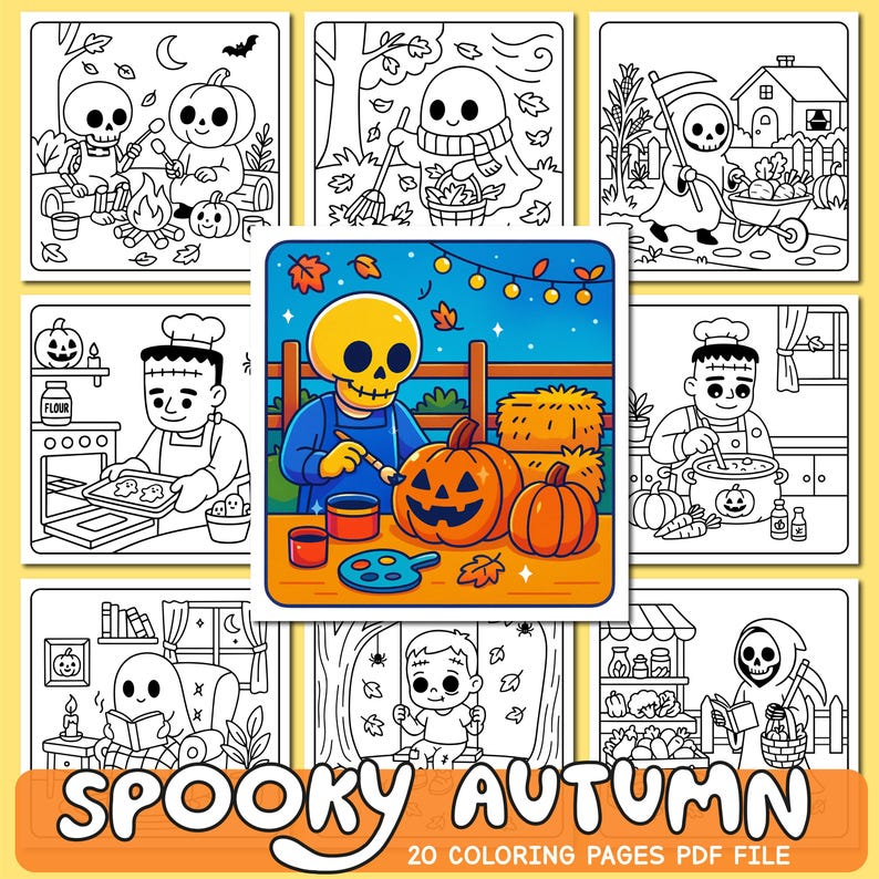 May include: A collection of Halloween-themed coloring pages. The images feature skeletons, pumpkins, and autumn scenes. The text "Spooky Autumn" and "20 Coloring Pages PDF File" are displayed on an orange banner.