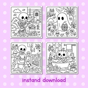 May include: Four black and white Halloween-themed coloring pages. The images include a skeleton sweeping leaves, a ghost with a basket of skulls, a skeleton baking, and a pumpkin in a bathtub. The text "instand download" is at the bottom.