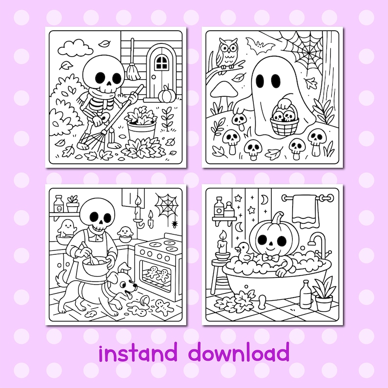 May include: Four black and white Halloween-themed coloring pages. The images include a skeleton sweeping leaves, a ghost with a basket of skulls, a skeleton baking, and a pumpkin in a bathtub. The text "instand download" is at the bottom.