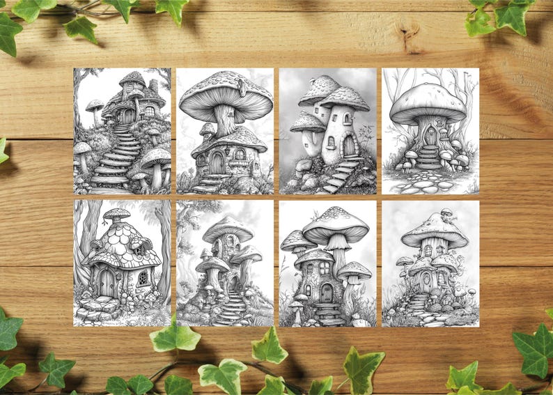 Enchanted Mushroom House Coloring Pages: 30 Grayscale Designs ...