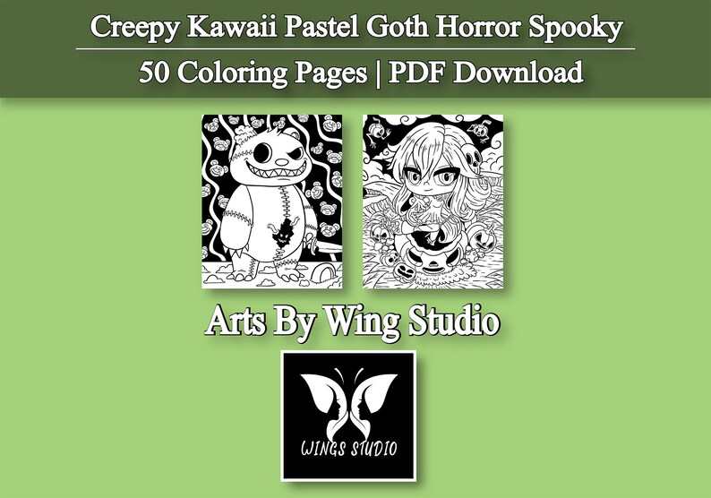 May include: Black and white coloring pages featuring a stitched monster and a girl with a pumpkin. The title reads "Creepy Kawaii Pastel Goth Horror Spooky 50 Coloring Pages | PDF Download" and the artist's name is "Arts By Wing Studio".