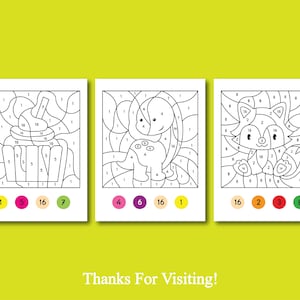 May include: Three black and white colouring pages with numbers. The first page is a cupcake, the second page is a dinosaur, and the third page is a raccoon. Each page has a colour key with numbers and corresponding colours.
