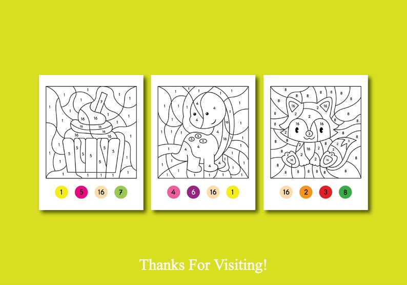 May include: Three black and white colouring pages with numbers. The first page is a cupcake, the second page is a dinosaur, and the third page is a raccoon. Each page has a colour key with numbers and corresponding colours.