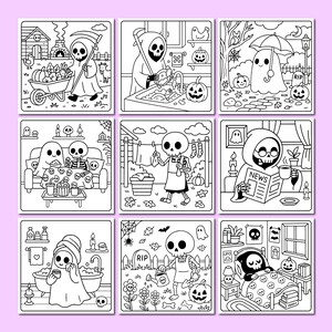 May include: Nine black and white Halloween-themed coloring pages. Each square features a different scene with skeletons and ghosts, including a skeleton with a scythe, a ghost with an umbrella, and a skeleton in bed.