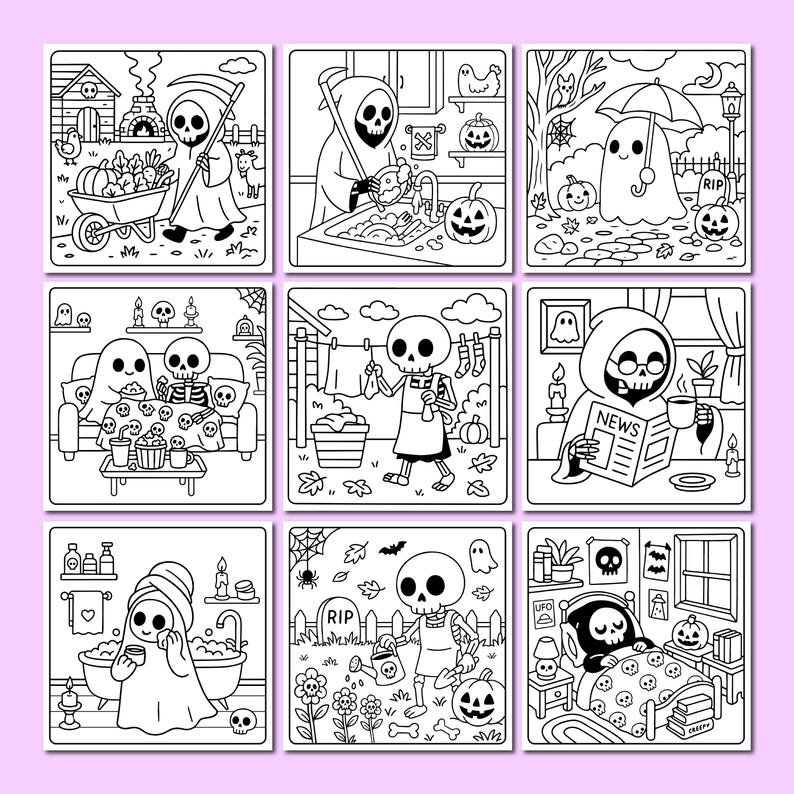 May include: Nine black and white Halloween-themed coloring pages. Each square features a different scene with skeletons and ghosts, including a skeleton with a scythe, a ghost with an umbrella, and a skeleton in bed.