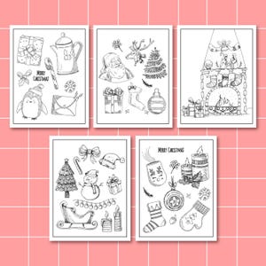 May include: Five black and white printable Christmas coloring pages featuring illustrations of a snowman, a fireplace, a stocking, a Christmas tree, and a Santa Claus. The pages include the text "Merry Christmas".