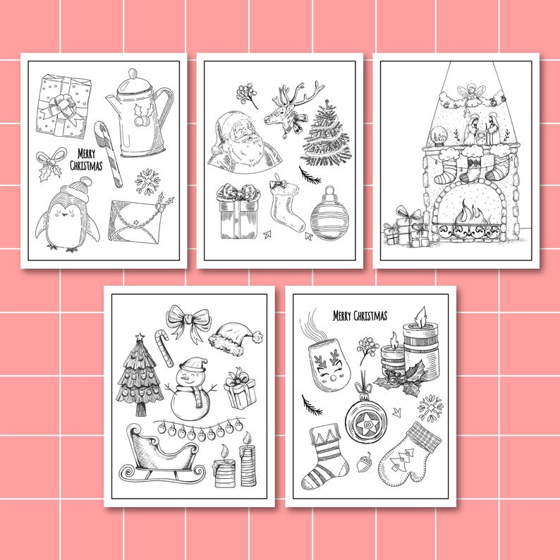 May include: Five black and white printable Christmas coloring pages featuring illustrations of a snowman, a fireplace, a stocking, a Christmas tree, and a Santa Claus. The pages include the text "Merry Christmas".