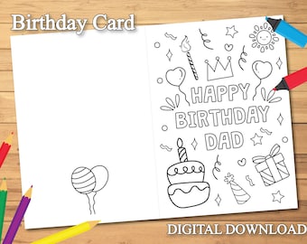 Dad Birthday Coloring Card Printable for Kids, Happy Birthday Dad Coloring Card, DIY Birthday Card for Dady