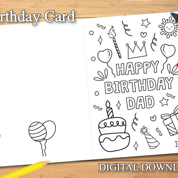 Dad Birthday Coloring Card Printable for Kids, Happy Birthday Dad Coloring Card, DIY Birthday Card for Dady