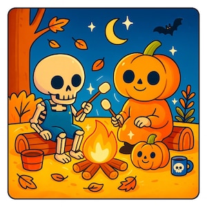 May include: A whimsical Halloween illustration featuring a skeleton and a pumpkin-headed character roasting marshmallows over a campfire. The scene includes a crescent moon, stars, a bat, and a small pumpkin. The characters are sitting on logs, with a mug and a bucket nearby.