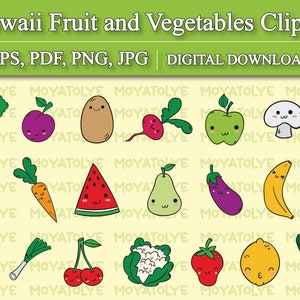 Kawaii Fruit and Vegetables Clipart, Cute Fruit and Vegetables Vector, Fruit and Vegetables Printable PNG, 35 Image