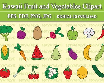 Kawaii Fruit and Vegetables Clipart, Cute Fruit and Vegetables Vector, Fruit and Vegetables Printable PNG, 35 Image