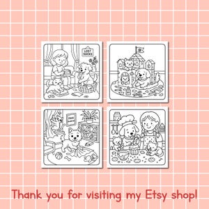 May include: Four black and white coloring pages featuring dogs and cats in various scenes. One shows a girl with a cat and dog, another a dog and cat playing in a house, a third a dog in a room, and the last a dog baking with a girl.