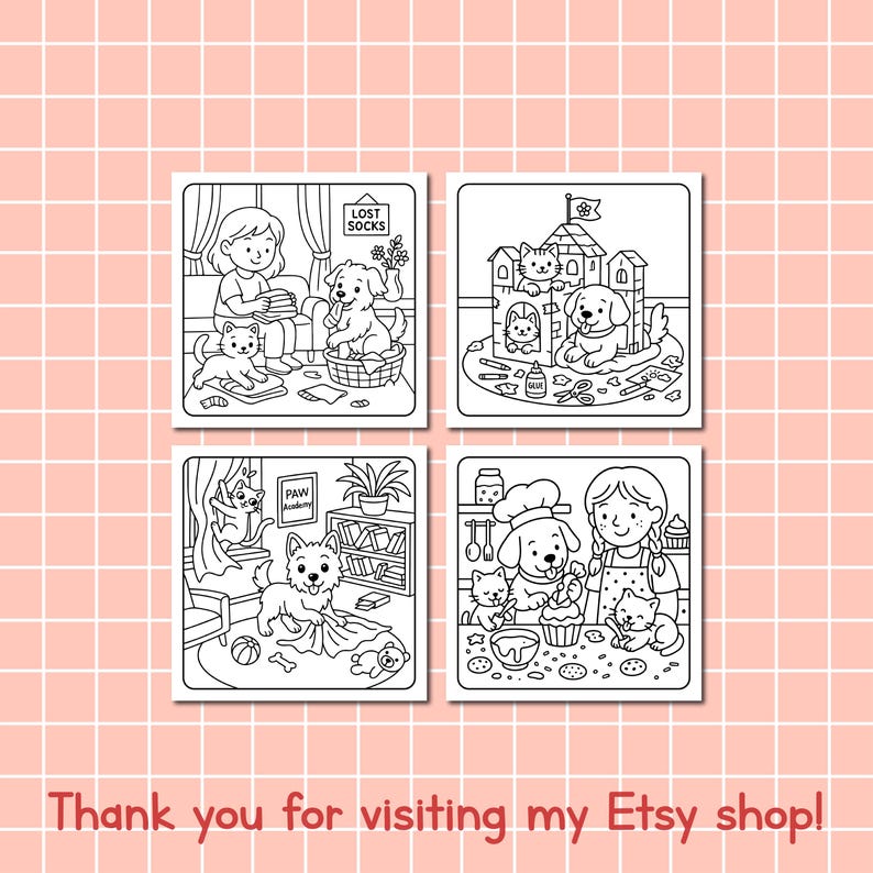 May include: Four black and white coloring pages featuring dogs and cats in various scenes. One shows a girl with a cat and dog, another a dog and cat playing in a house, a third a dog in a room, and the last a dog baking with a girl.