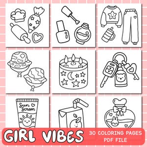 May include: Black and white line art illustrations of various items, including a chef's hat, rolling pin, nail polish, sweater, pants, bucket hats, a candle, keys, sunscreen, juice box, and a perfume bottle. The text "GIRL VIBES" and "30 COLORING PAGES PDF FILE" are also present.
