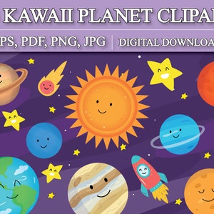 13 Kawaii Planet Clipart, Cute Cartoon Planets Clipart, Kawaii Space Clipart, Planet EPS Files, Planet PNG Files